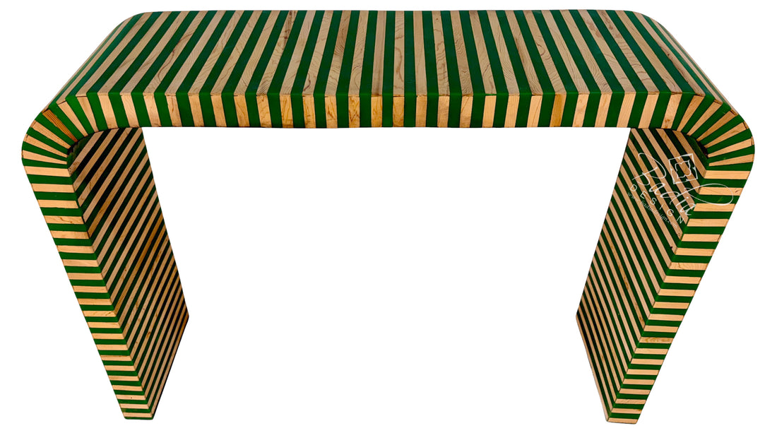 Moroccan Green and Beige Striped Resin and Wood Console Table