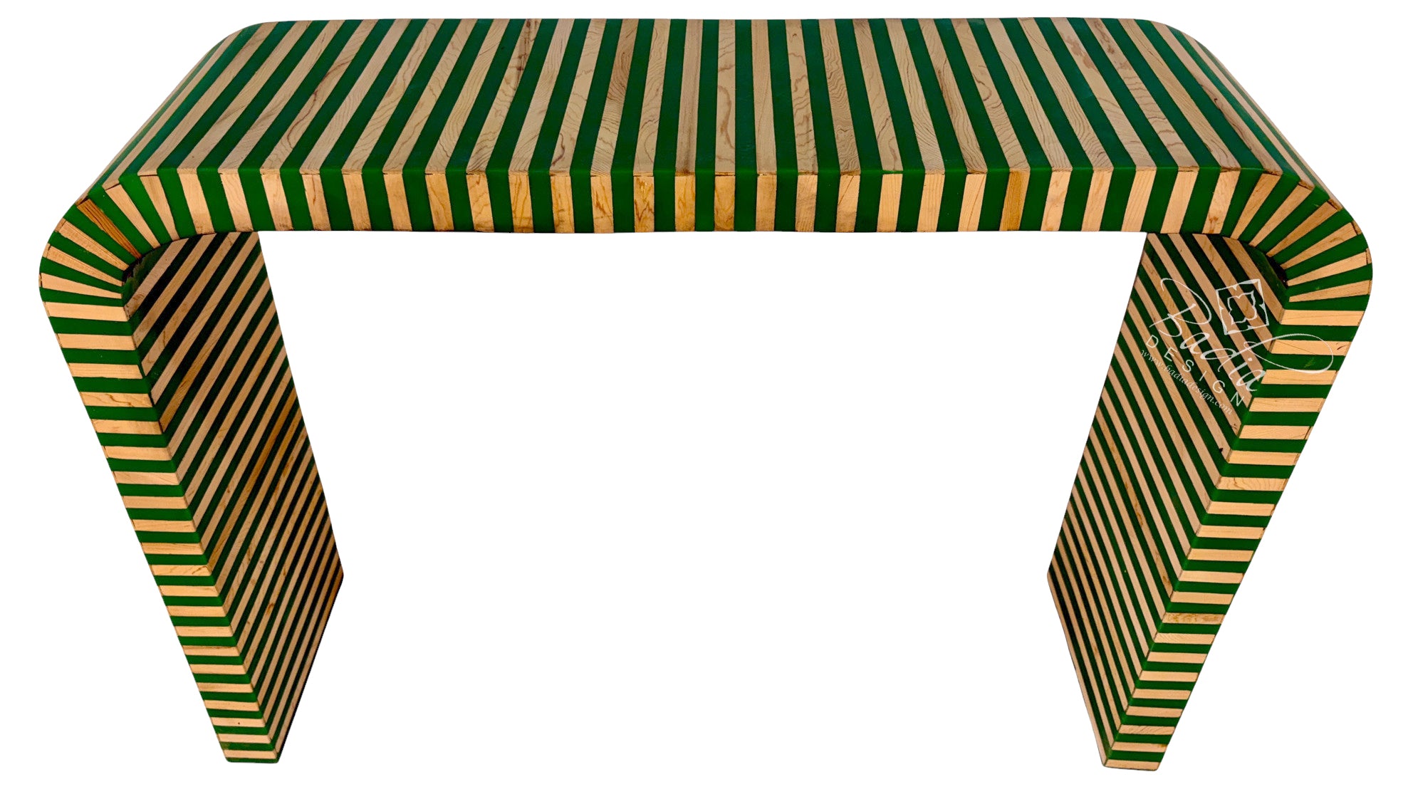 Moroccan Green and Beige Striped Resin and Wood Console Table