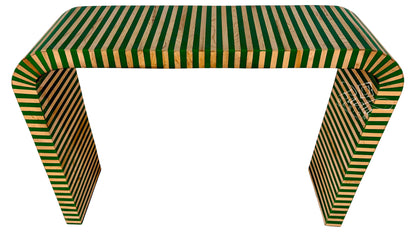 Moroccan Green and Beige Striped Resin and Wood Console Table