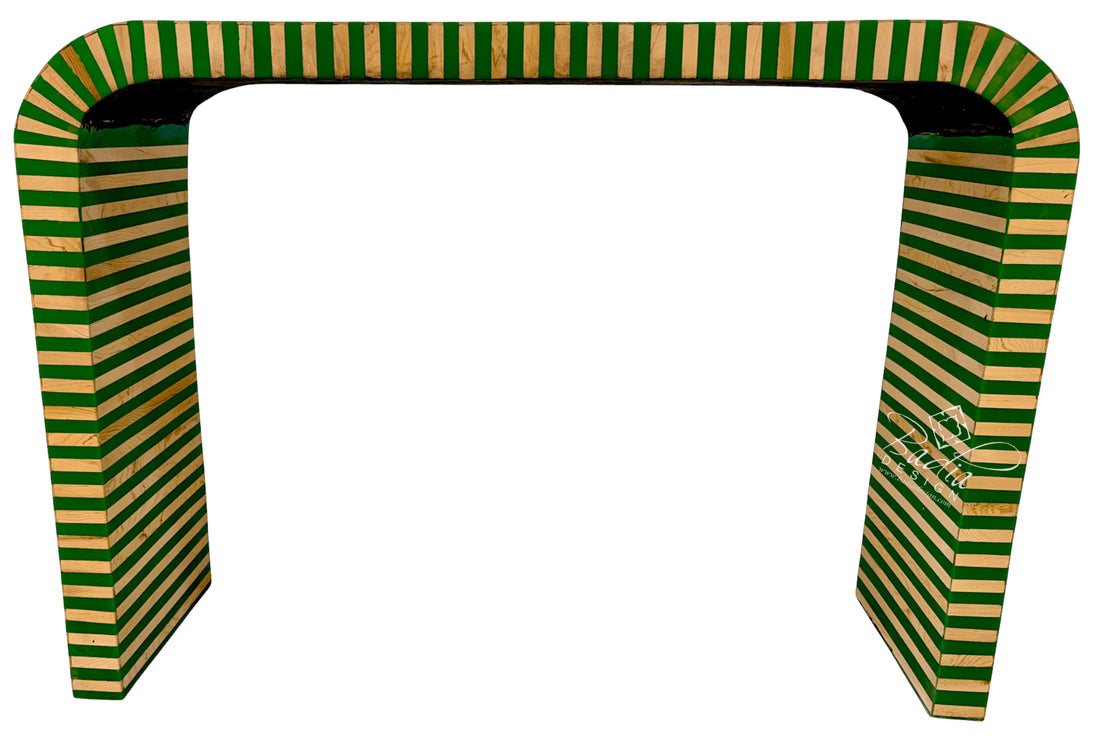 Moroccan Green and Beige Striped Resin and Wood Console Table