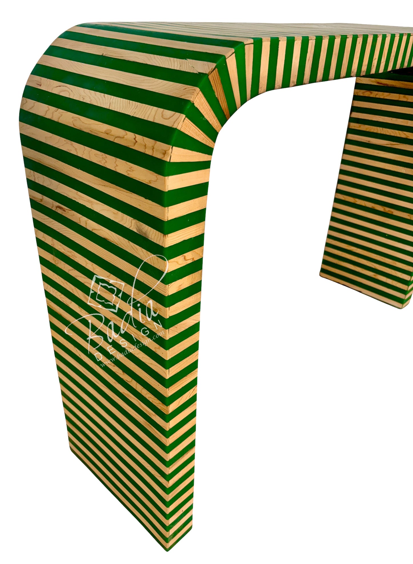 Green and Beige Striped Resin and Wood Console Table