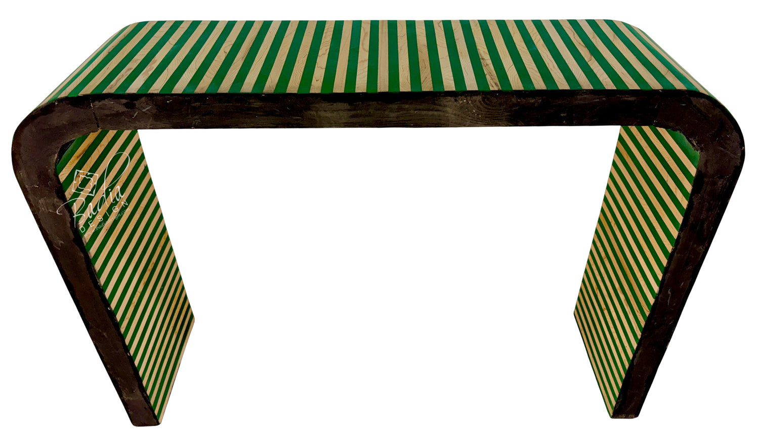 Green and Beige Striped Resin and Wood Console Table