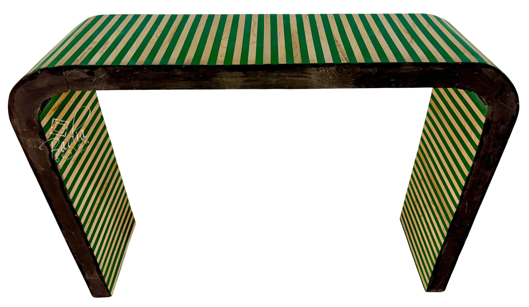 Green and Beige Striped Resin and Wood Console Table