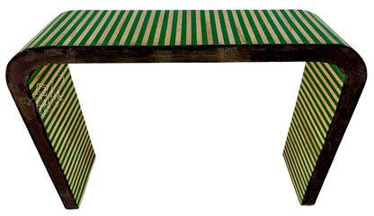 Green and Beige Striped Resin and Wood Console Table