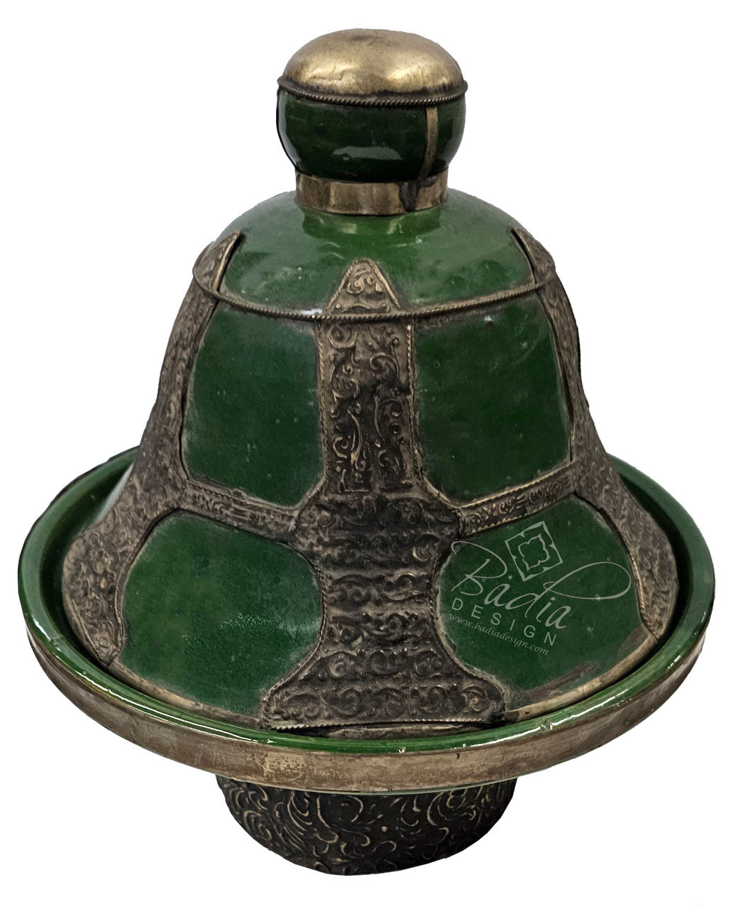 Green Vintage Ceramic Bowl with Metal Decor