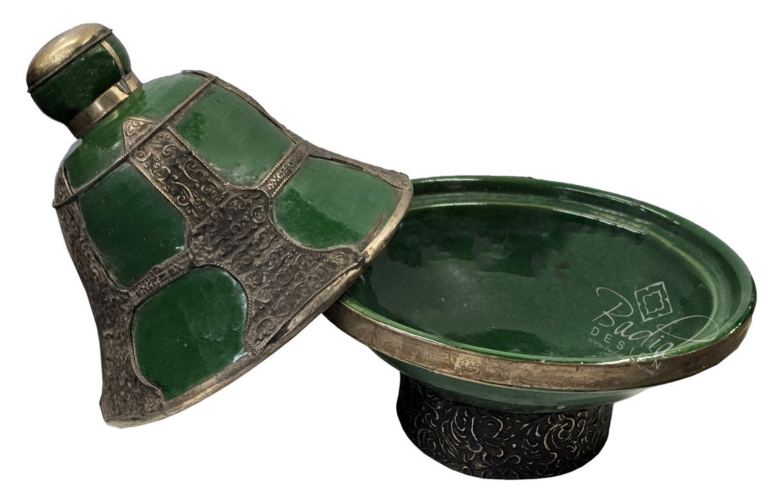 Green Vintage Ceramic Bowl with Metal Decor
