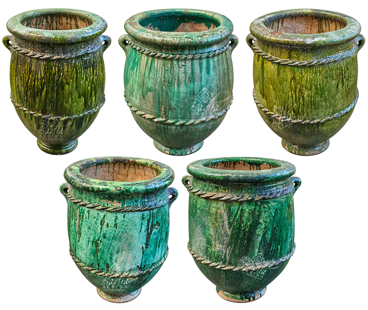 Set of 5 large green tamegroute outdoor planters