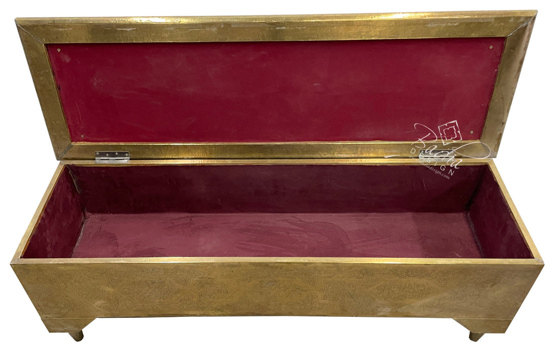 Hand Carved Embossed Brass Bench with Fabric Seat