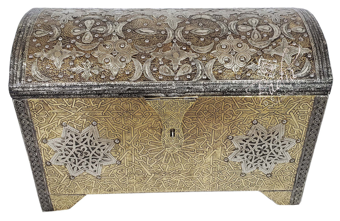 Moroccan Hand Carved Metal Embossed Brass Trunk