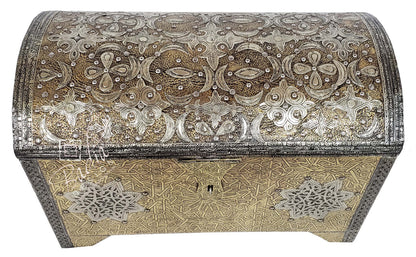 Decorative wooden box with intricate silver and gold patterns on a white background