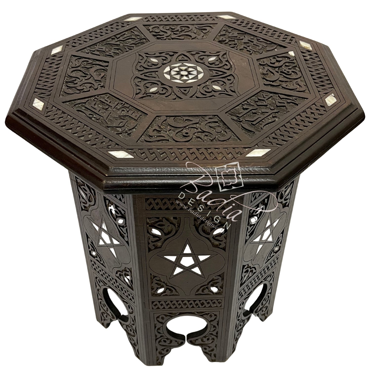 Moroccan Hand Carved Dark Stained Wooden Side Table with Inlay