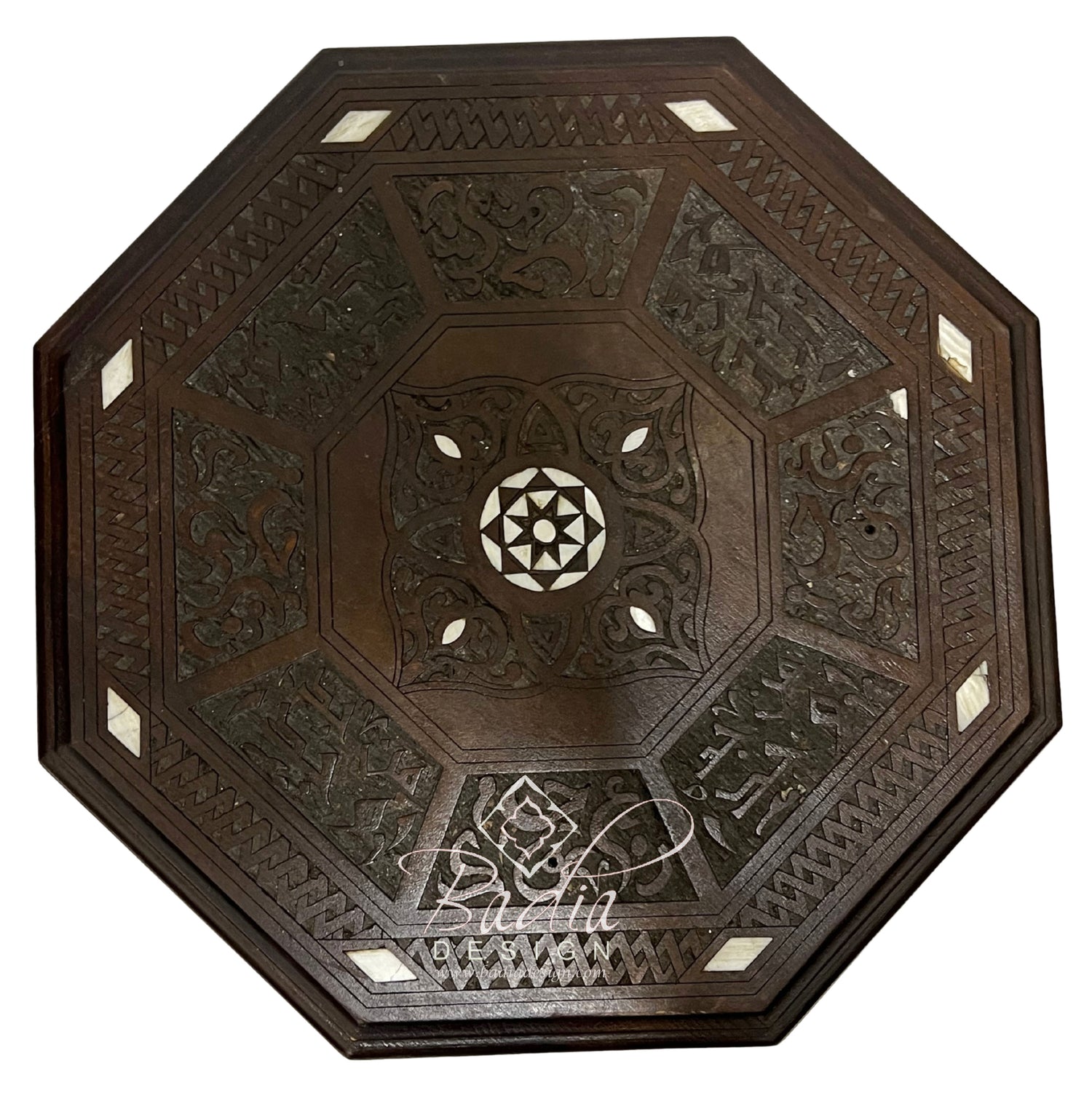 Moroccan Hand Carved Dark Stained Wooden Side Table Top with Inlay