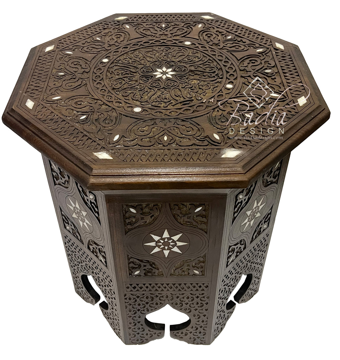 Moroccan Hand Carved Dark Wood Side Table with Inlay