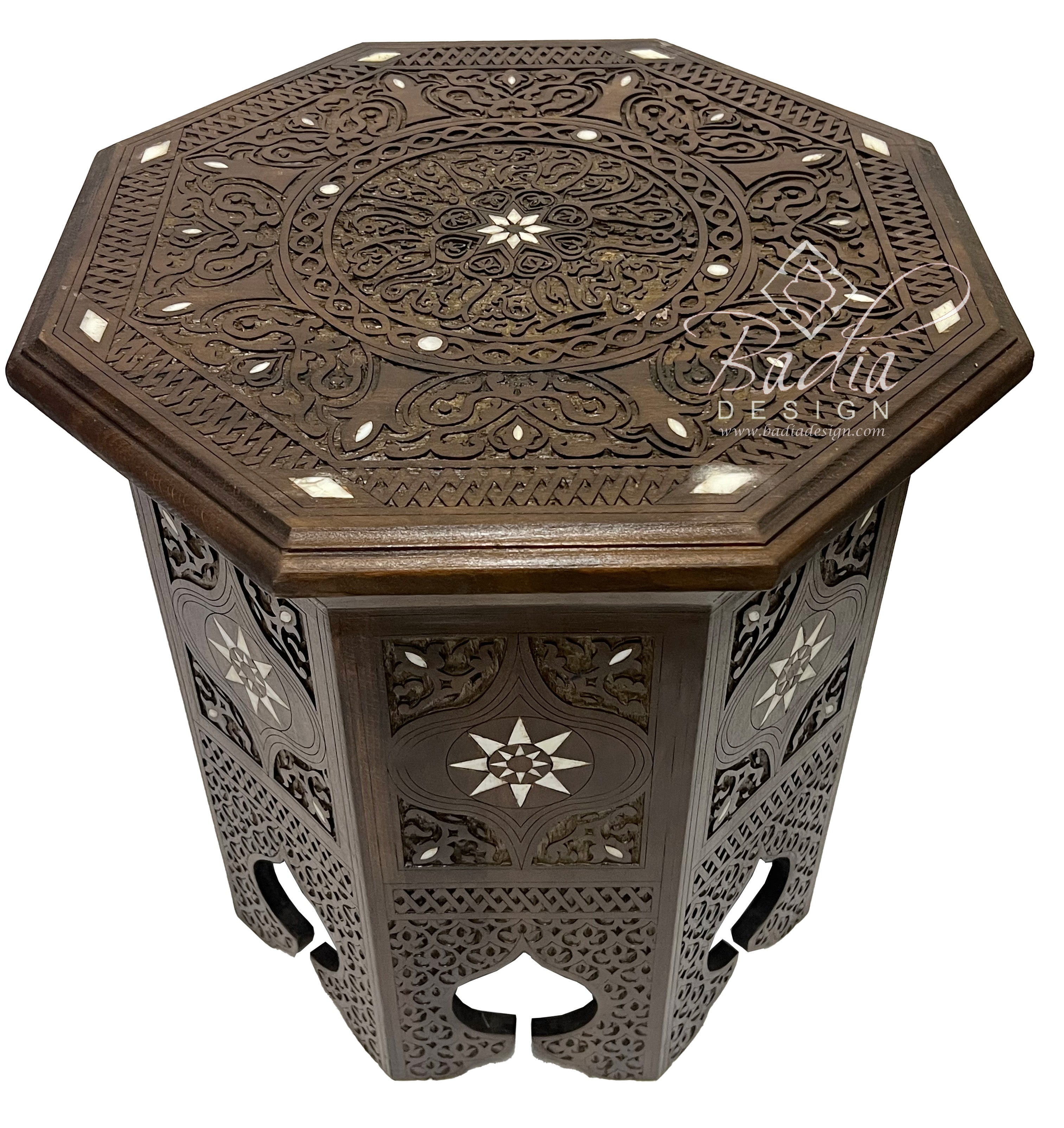 Moroccan Hand Carved Dark Wood Side Table with Inlay
