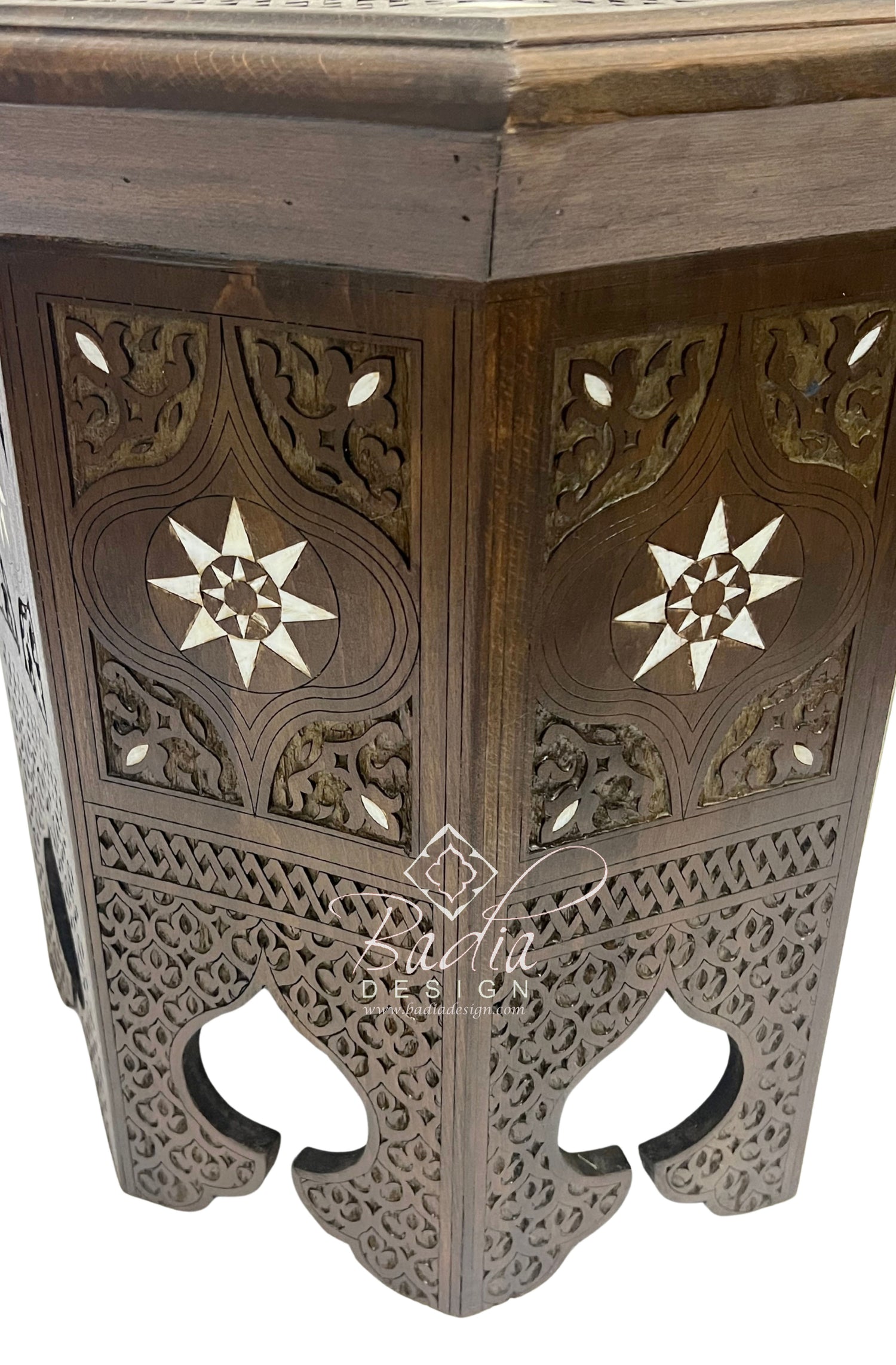Hand Carved Dark Wood Side Table with Inlay