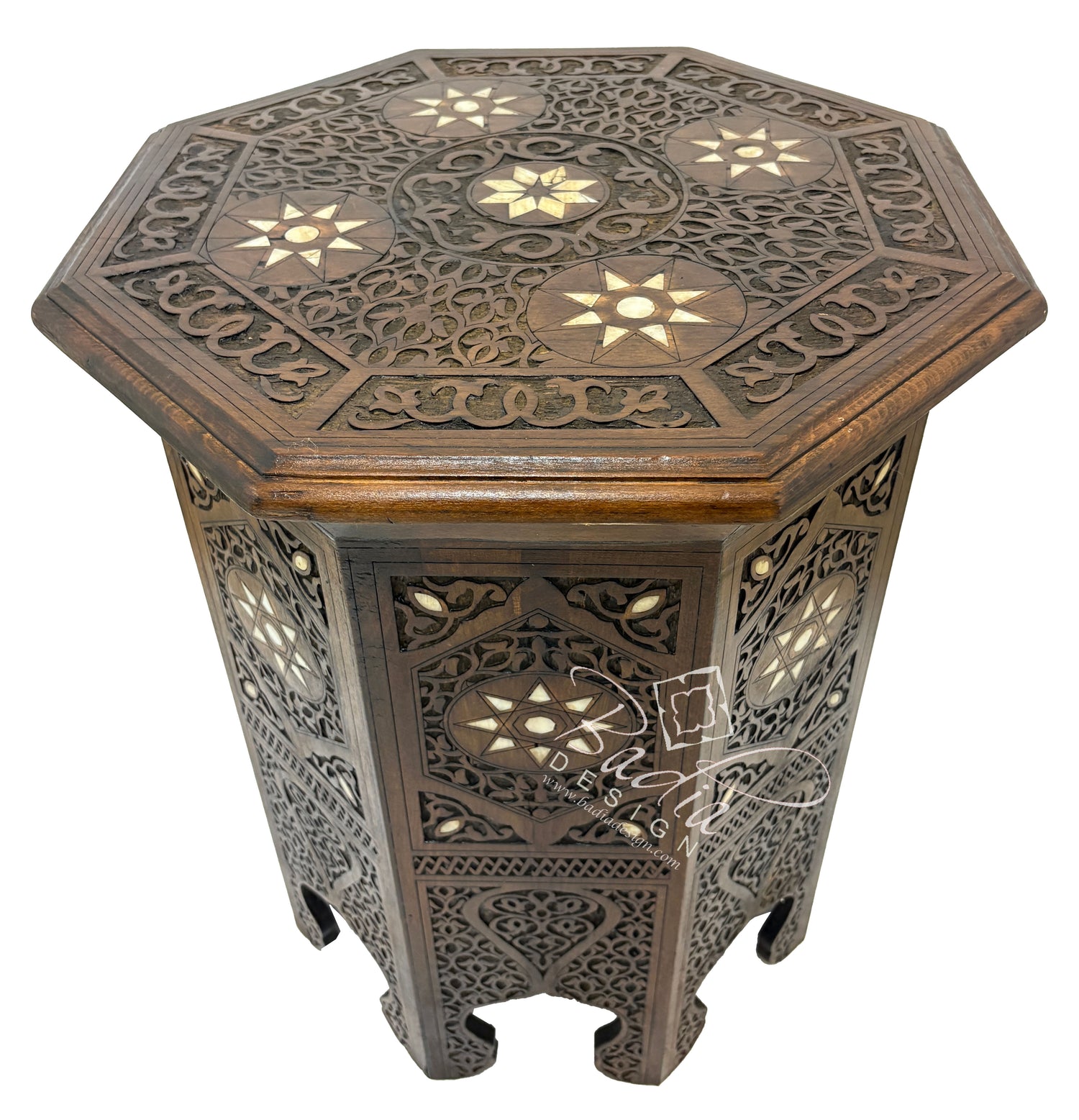Hand Carved Dark Wood Side Table with Star Inlay