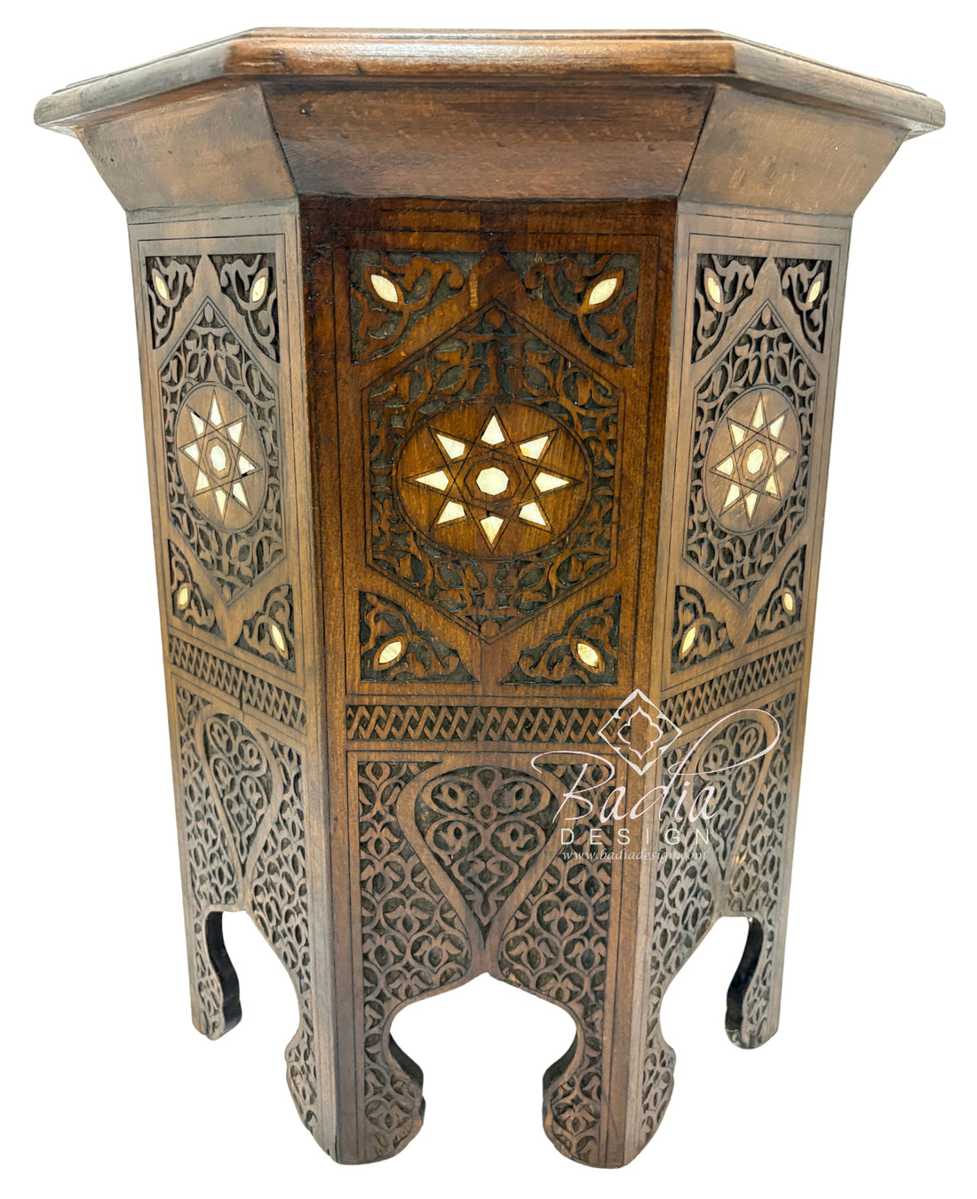 Hand Carved Dark Wood Side Table with Star Inlay