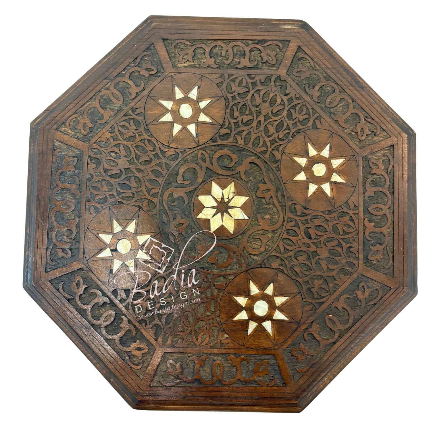 Hand Carved Dark Wood Side Table with Star Inlay