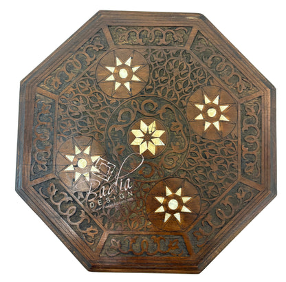 Hand Carved Dark Wood Side Table with Star Inlay