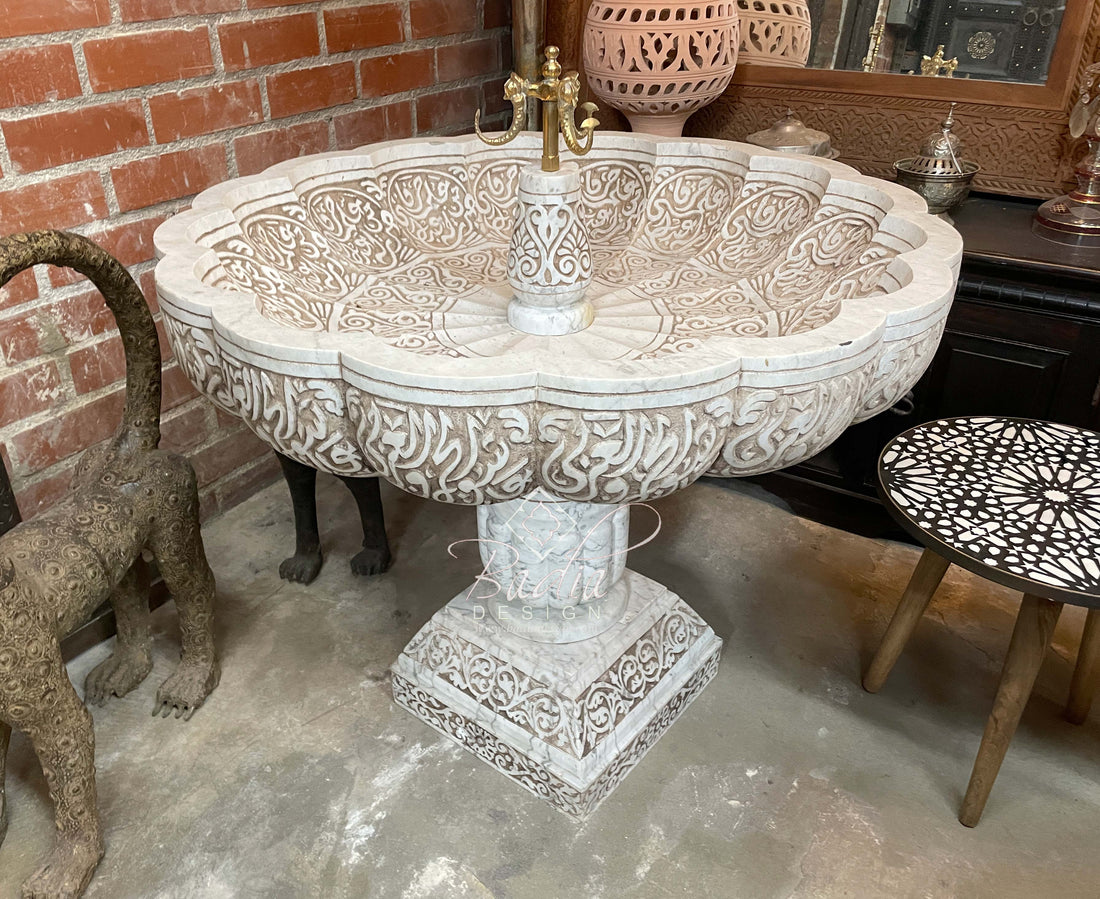 Upright Hand Carved Marble Water Fountain - Imported from Morocco