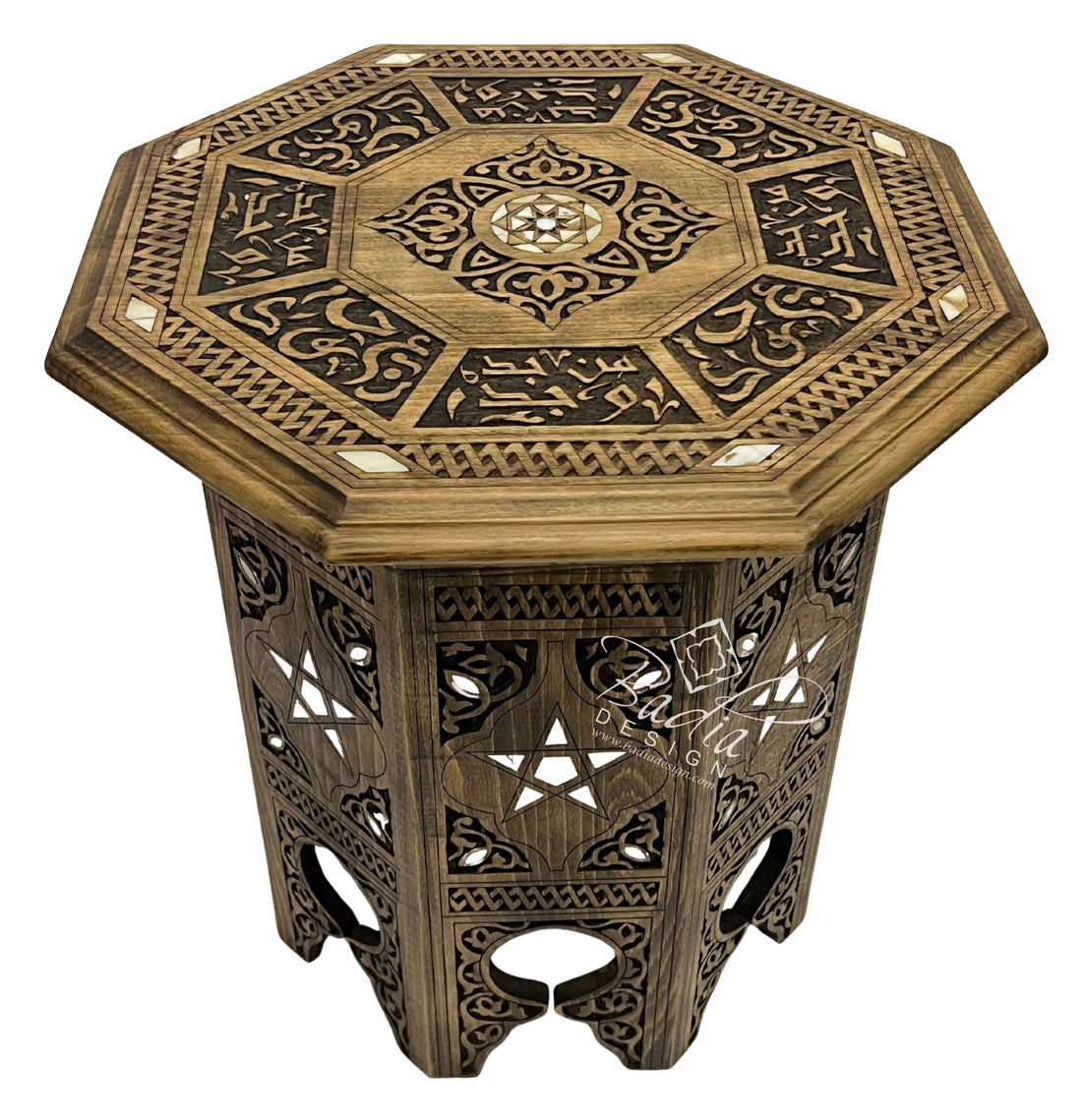 Moroccan Hand Carved Octagonal Side Table with Mother of Pearl Inlay