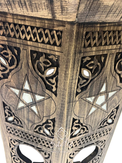 Hand Carved Octagonal Side Table with Mother of Pearl Inlay