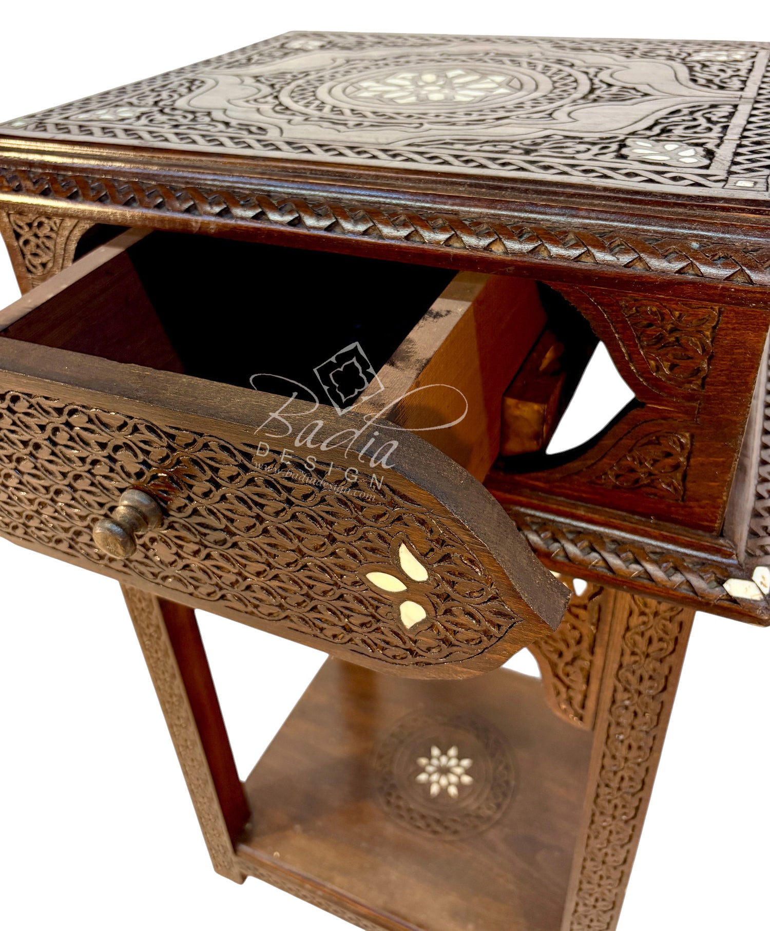 Hand-Carved Wooden Console with Mother-of-Pearl Inlay