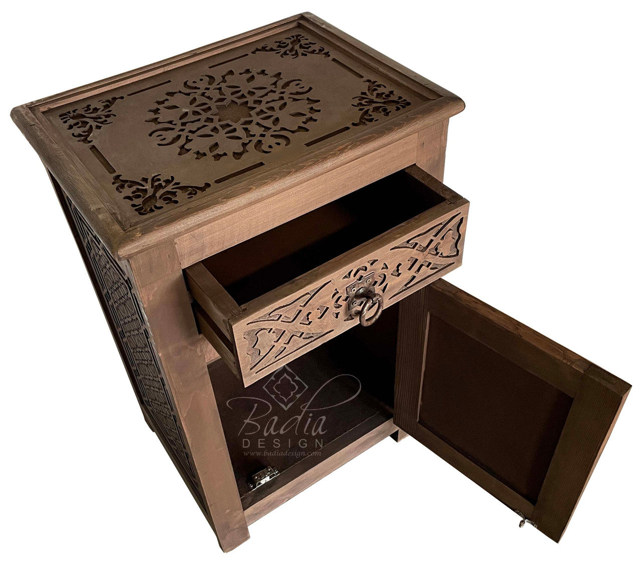 Stained Hand Carved Wooden Nightstand