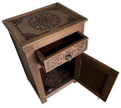 Stained Hand Carved Wooden Nightstand