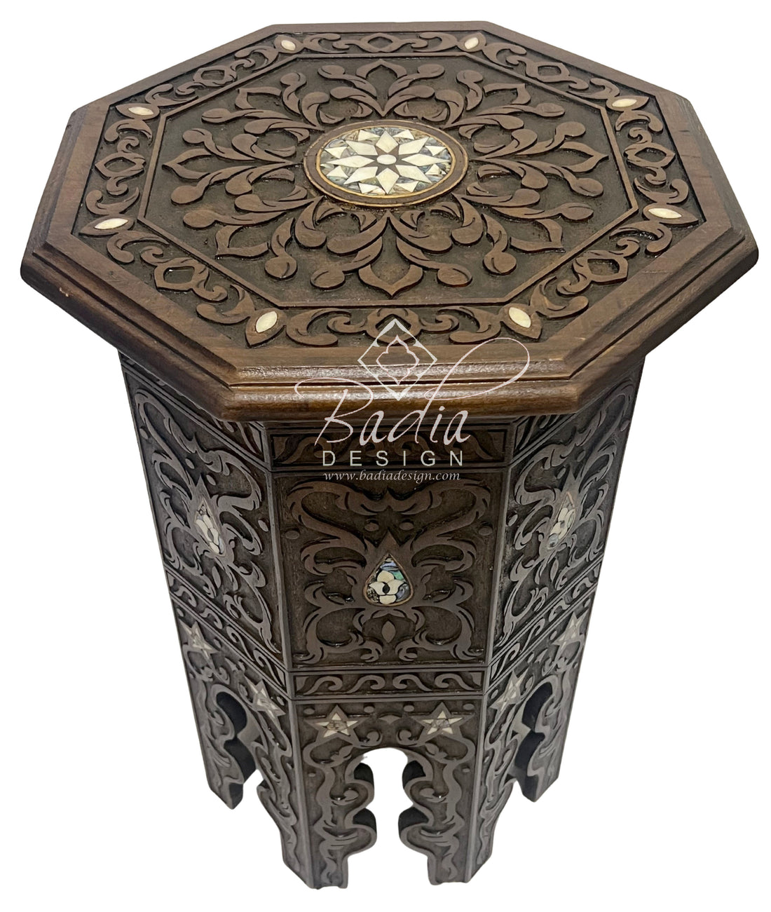 Tall Hand Carved Moroccan Wooden Side Table with Inlay