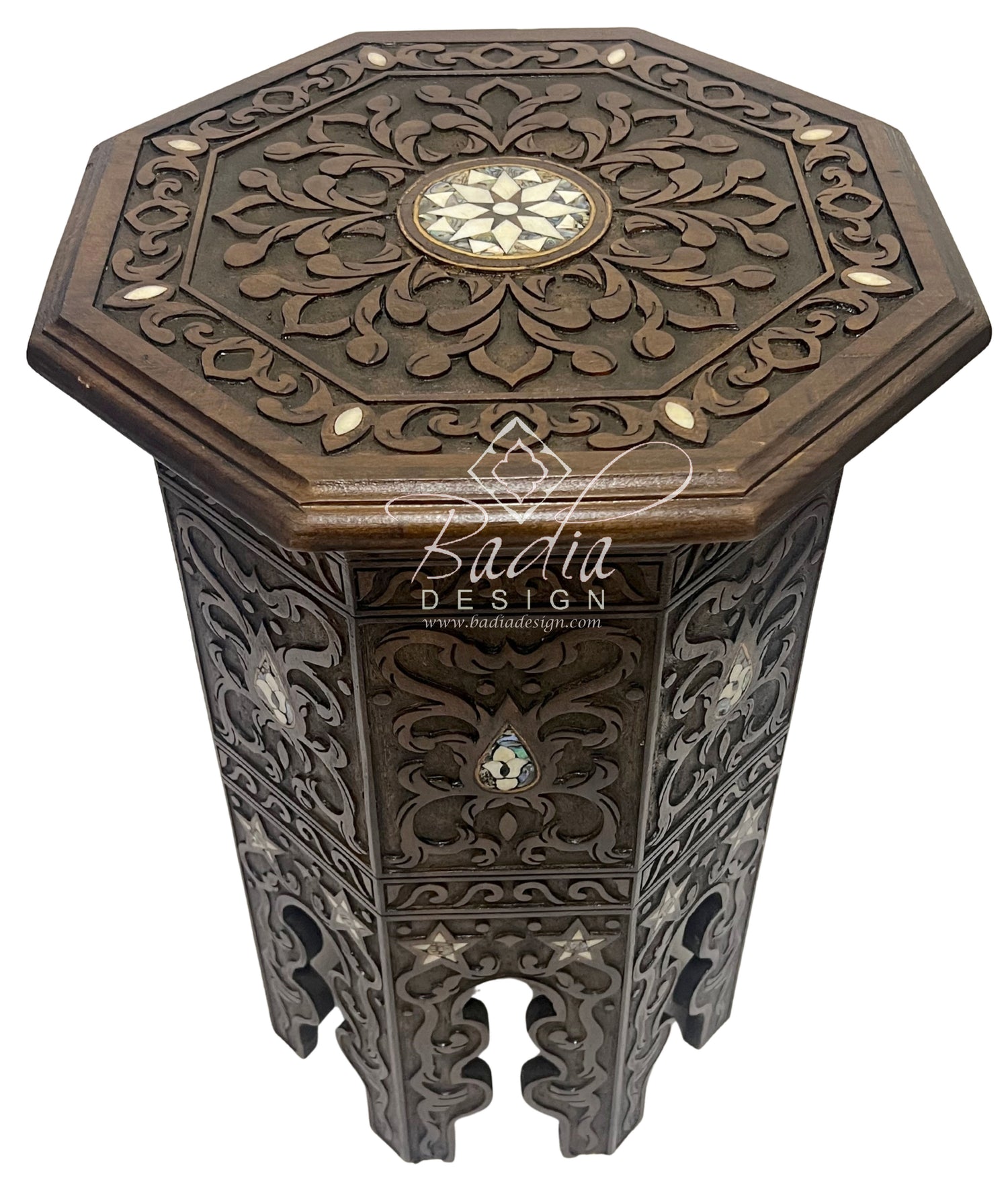 Tall Hand Carved Moroccan Wooden Side Table with Inlay