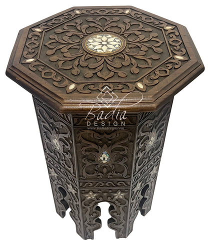 Tall Hand Carved Moroccan Wooden Side Table with Inlay