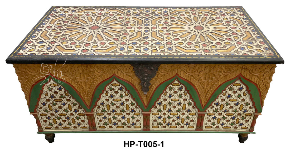 Multi-Color Hand Painted Carved Wood Chest