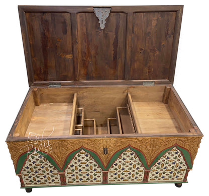 Multi-Color Hand Painted Carved Wood Chest