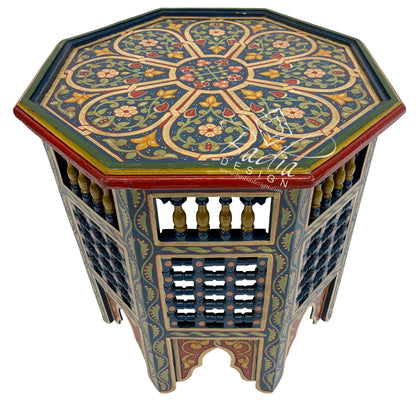 Blue Decorative hexagonal table with intricate patterns on a white background