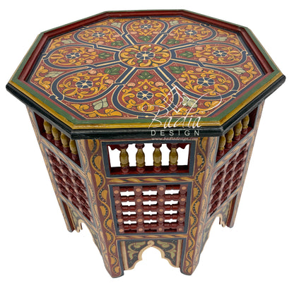 Multi-Color Decorative hexagonal table with intricate patterns on a white background
