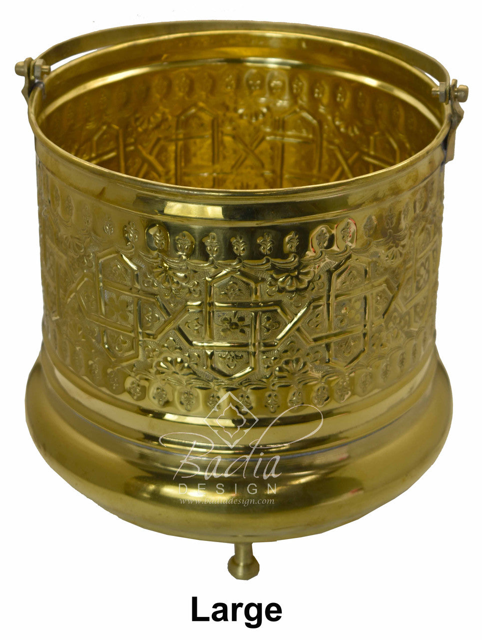 Large brass container with intricate designs on a white background