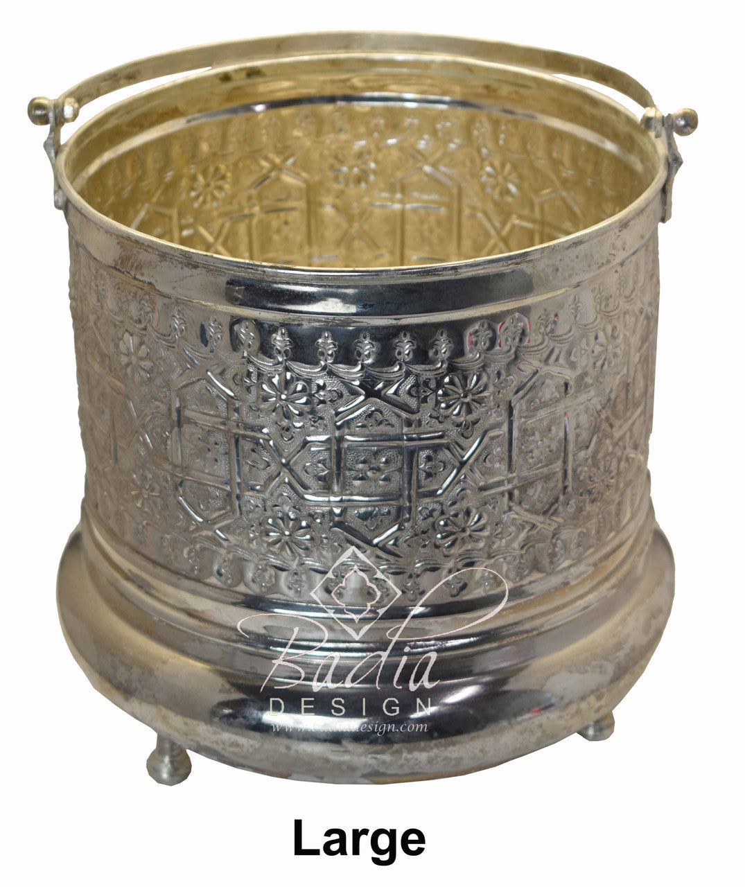 Decorative metal container with intricate designs on a white background, featuring the brand &