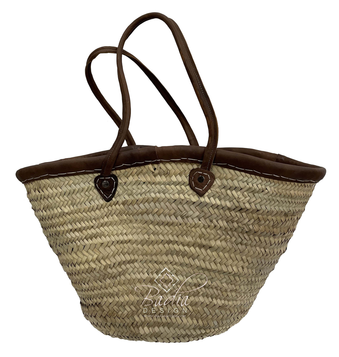 Moroccan Natural Color Handwoven Straw Basket with Dark Leather Handle