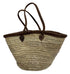 Moroccan Natural Color Handwoven Straw Basket with Dark Leather Handle