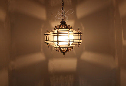 Hanging Brass Lantern with White Glass