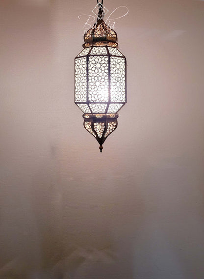 Hanging Brass Lantern with White Glass