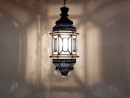 Vintage Hanging Lantern with Blue and White Glass