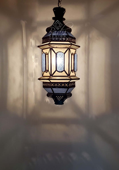 Vintage Hanging Lantern with Blue and White Glass