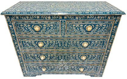 Teal Blue and Ivory Off-White Mother of Pearl Inlay Dresser