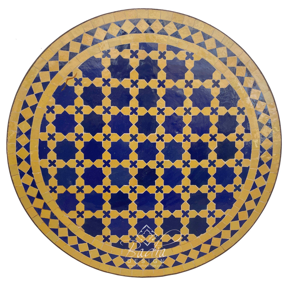 Round Blue and Yellow Intricately Designed Moroccan Tile Table Top