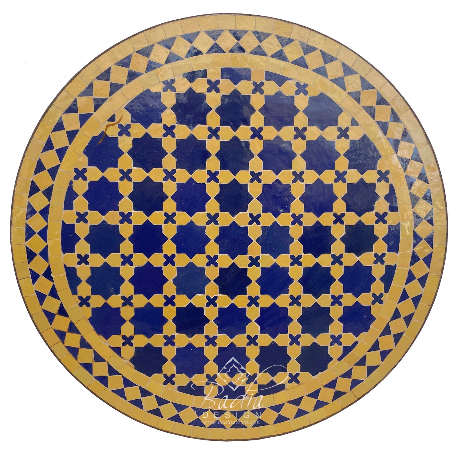 Round Blue and Yellow Intricately Designed Moroccan Tile Table Top