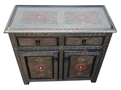 Intricate Embossed Metal and Bone Inlay Cabinet