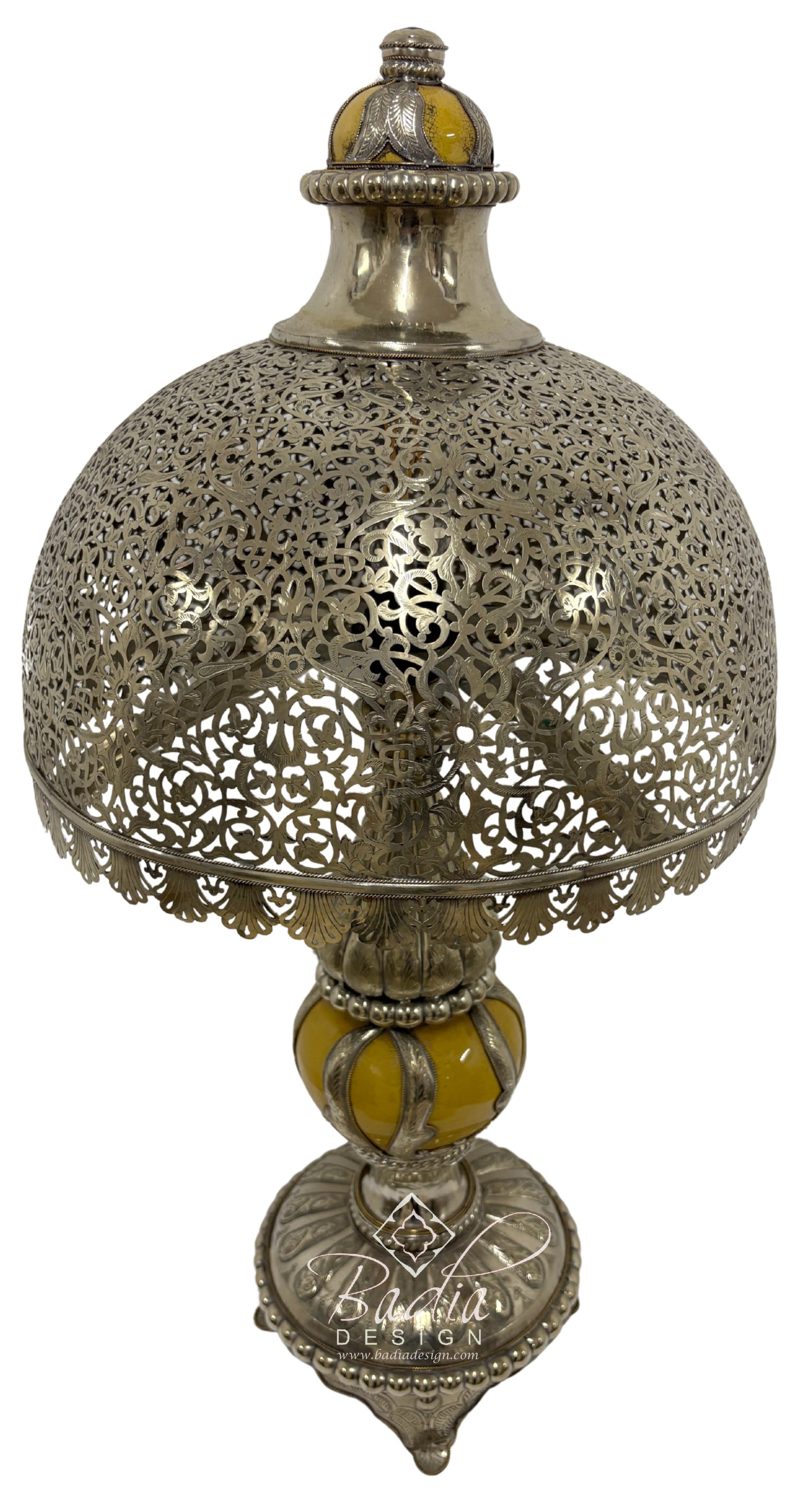 Moroccan Intricately Designed Silver and Yellow Ceramic Desktop Lamp