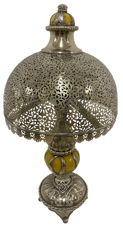 Moroccan Intricately Designed Silver and Yellow Ceramic Desktop Lamp